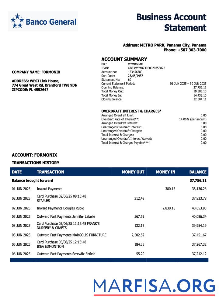 Blank Panama Banco General enterprise account statement Word and PDF format download for verification